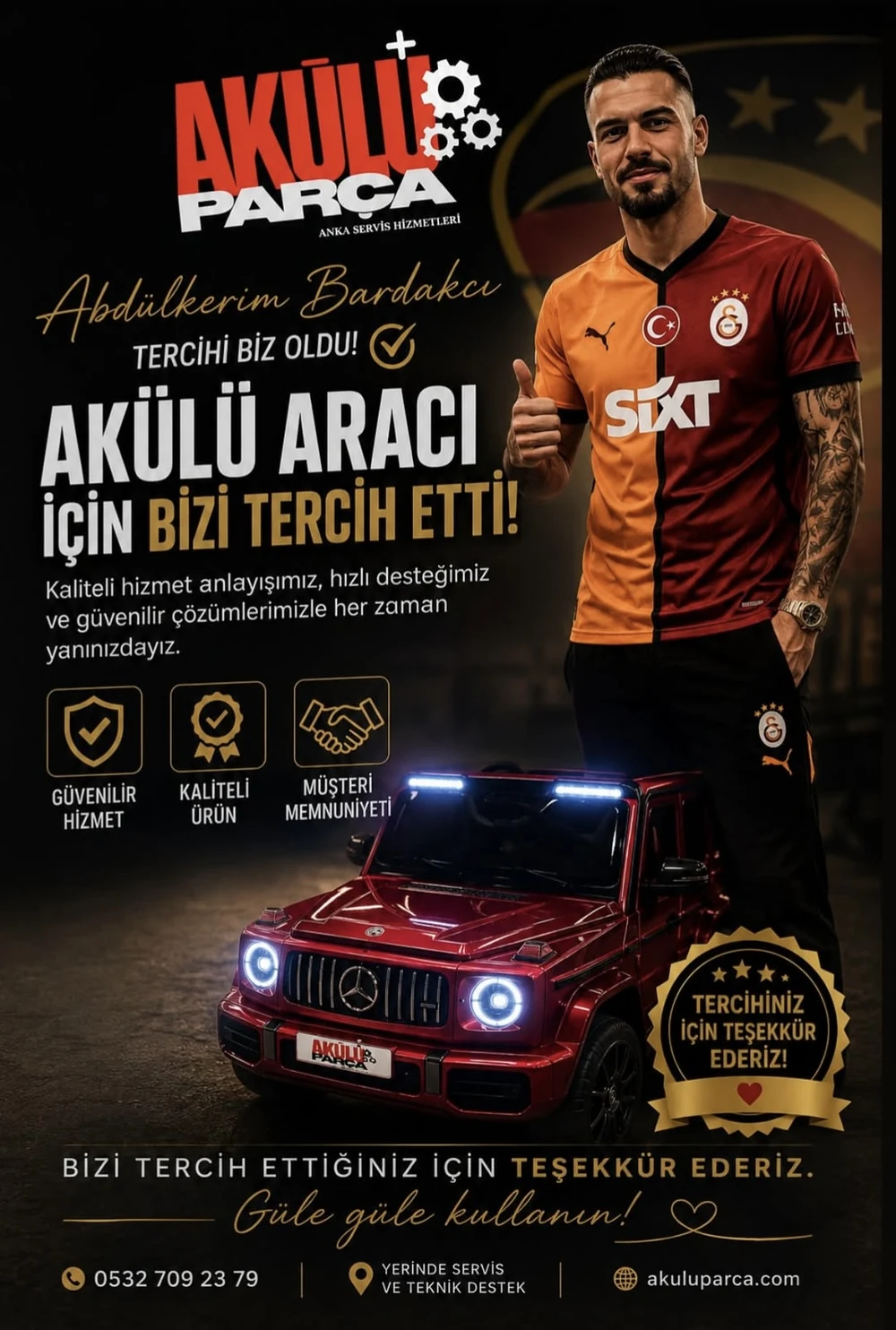 Abdülkerim Bardakcı'nın Akülü Parça'yı akülü aracı için tercih ettiğini gösteren tanıtım görseli, kırmızı Mercedes-AMG G-Class akülü araç ile birlikte