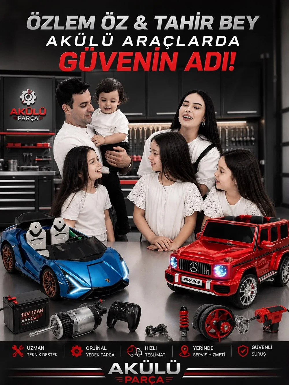 Özlem Öz ve Tahir Bey, çocuklarıyla birlikte Akülü Parça atölyesinde; akülü Lamborghini ve Mercedes-AMG G-Class araçların yanında